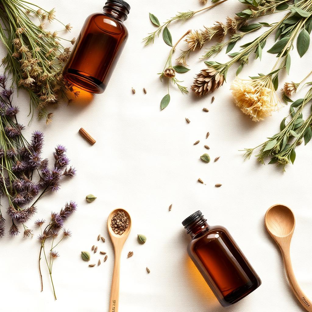 Flat lay of herbs, dried flowers, and tincture bottles